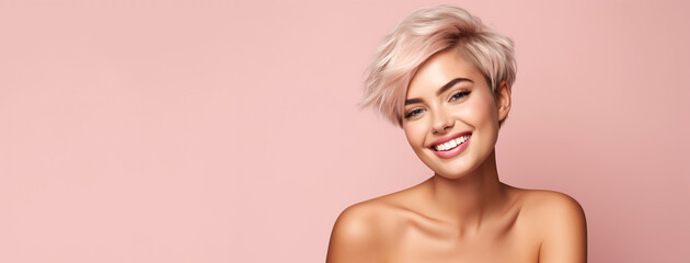 Obraz na płótnie Canvas Portrait of young happy woman with rock short hairstyle. Skin care beauty, skincare cosmetics, dental concept, isolated over pink background. 