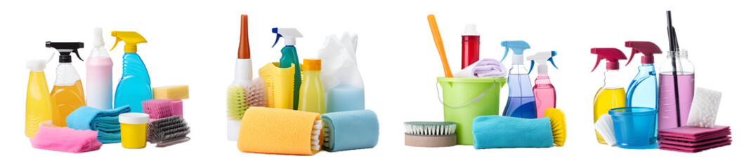 Cleaning supplies on transparent background, png, Generative Ai