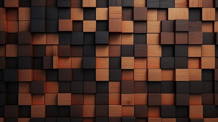 Wooden blocks made of natural wood. Bog oak texture. Wooden squares, tile wallpaper. 3D rendering.