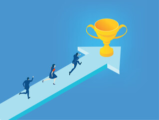 Business people running on arrow towards trophy, isometric business environment. Business, start up, achievement and competitive professional life concept   - obrazy, fototapety, plakaty