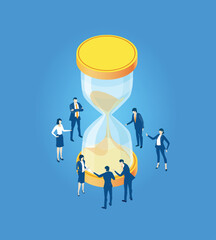 Business people working and collaborating around sand glass, isometric business environment. Business, start up, achievement and competitive professional life concept