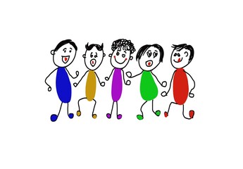 Hand drawn picture of colorful human cartoon characters are dancing. Concept, happy time with friends. Illustration for using as teaching aids or design for decoration. Love and friendships.