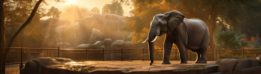 elephant in the morning light with sun rays banner