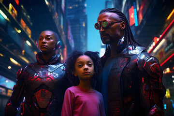 Fototapeta na wymiar Cyberpunk futuristic family in front of a futuristic neon cityscape.