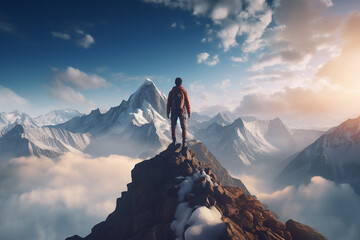 a motivational picture with a man standing on the highest mountain peak, symbolizing achieving life goals and leaving the comfort zone, generative AI - obrazy, fototapety, plakaty