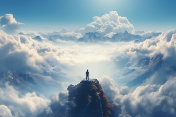 a motivational picture with a man standing on the highest mountain peak, symbolizing achieving life goals and leaving the comfort zone, generative AI