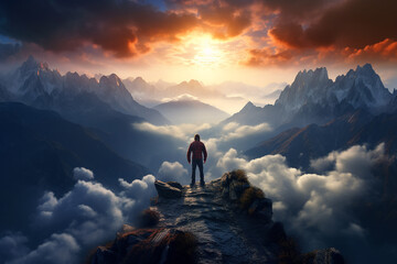a motivational picture with a man standing on the highest mountain peak, symbolizing achieving life goals and leaving the comfort zone, generative AI