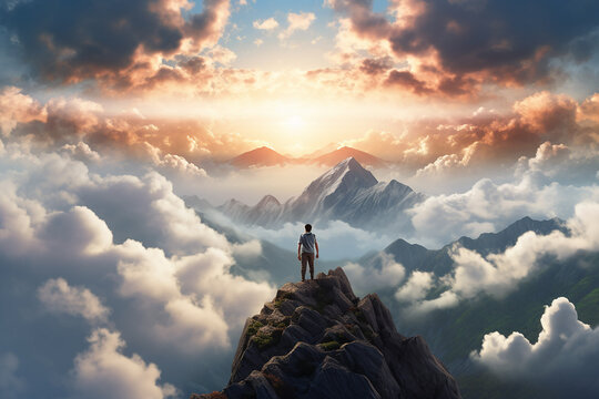 a motivational picture with a man standing on the highest mountain peak, symbolizing achieving life goals and leaving the comfort zone, generative AI - Powered by Adobe