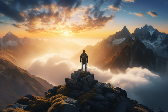 a motivational picture with a man standing on the highest mountain peak, symbolizing achieving life goals and leaving the comfort zone, generative AI