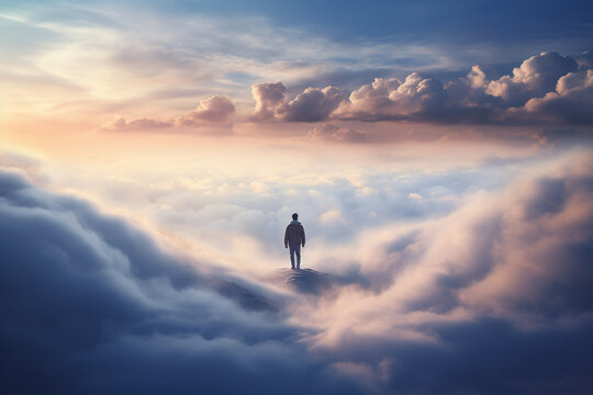 a motivational picture with a man standing on the highest mountain peak, symbolizing achieving life goals and leaving the comfort zone, generative AI