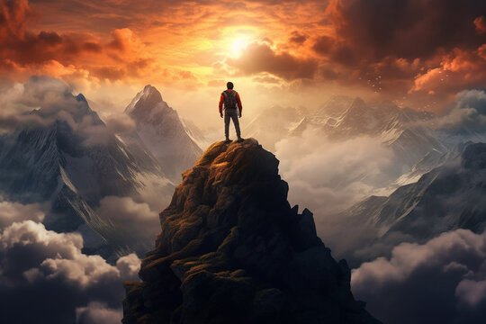 a motivational picture with a man standing on the highest mountain peak, symbolizing achieving life goals and leaving the comfort zone, generative AI