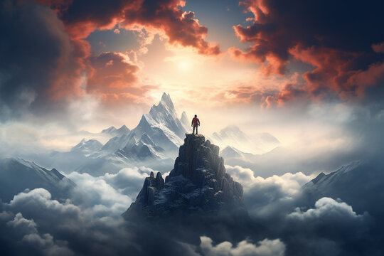 a motivational picture with a man standing on the highest mountain peak, symbolizing achieving life goals and leaving the comfort zone, generative AI