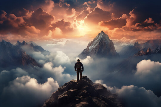 a motivational picture with a man standing on the highest mountain peak, symbolizing achieving life goals and leaving the comfort zone, generative AI