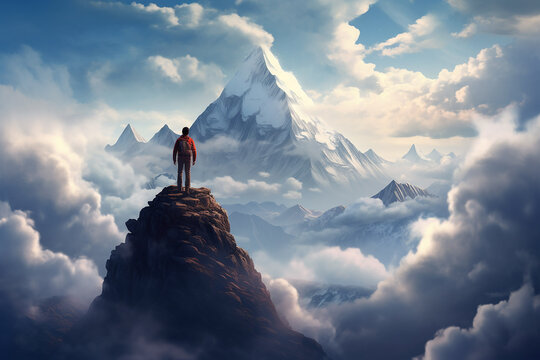 a motivational picture with a man standing on the highest mountain peak, symbolizing achieving life goals and leaving the comfort zone, generative AI
