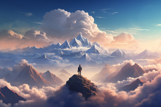 a motivational picture with a man standing on the highest mountain peak, symbolizing achieving life goals and leaving the comfort zone, generative AI