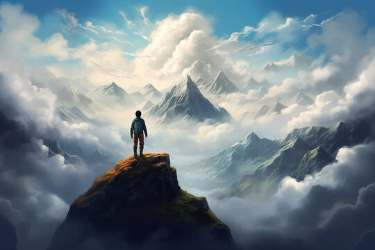 a motivational picture with a man standing on the highest mountain peak, symbolizing achieving life goals and leaving the comfort zone, generative AI