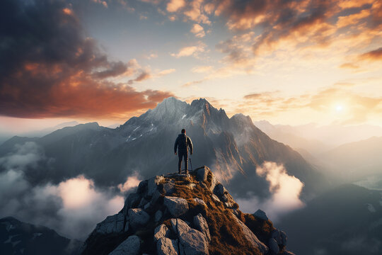 a motivational picture with a man standing on the highest mountain peak, symbolizing achieving life goals and leaving the comfort zone, generative AI