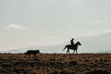 A shepherd rides a horse in the mountains