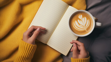 Coffee cup with  on the bed and blurred woman in yellow knitted sweater holding diary book while relaxed sitting, New Year 2024 celebrated, generative ai