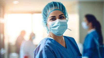 Fototapeta na wymiar Smiling surgeon middle east woman in surgical operating room, talented doctor surgeon successfully performed complex surgery on patient, happy smiling middle east woman in medical coat and cap. Profes