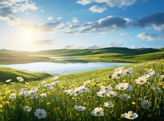Meadow with white wildflowers cosmos in sun glare against blue sky with clouds, green hills and lake, summer idyllic landscape image Generative AI - obrazy, fototapety, plakaty