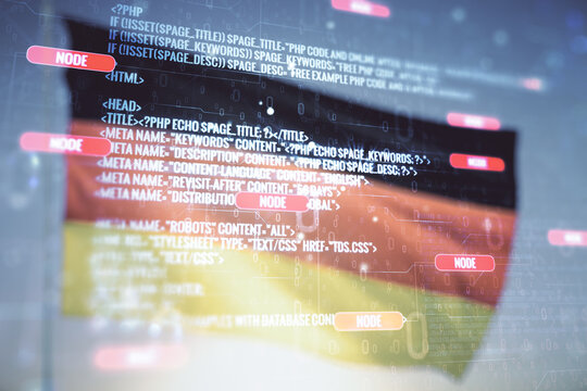 Abstract virtual coding concept on flag of Germany and sunset sky background. Multiexposure