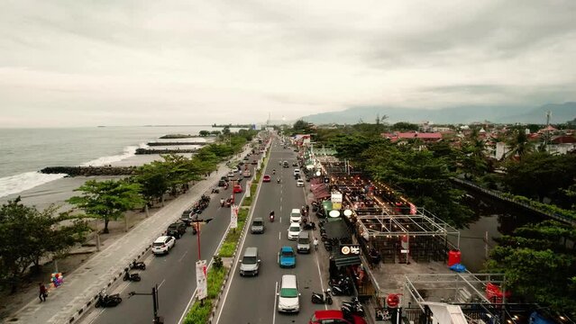 Establish Aerial View Padang city landmark near the taplau coast of West Sumatra.