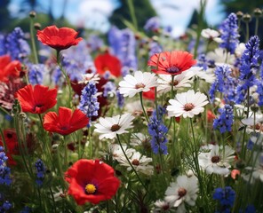 Fototapeta premium Variety of colorful wild flowers red, white, blue close up on meadow with blurred background bright illustration artistic image Generative AI