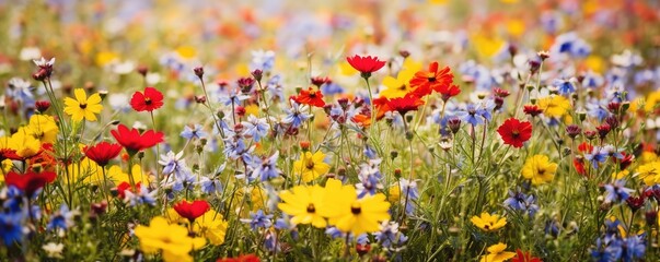 Multicolored wildflowers in meadow on blurred floral background, spring summer panoramic landscape banner illustration nature Generative AI