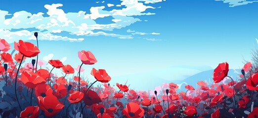 Red poppies in field against blue sky with clouds, blooming spring wild flowers colorful nature picture in panoramic view Day of Remembrance of Fallen Generative AI