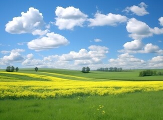 Fototapeta premium Green meadow with yellow flowers and trees against a blue sky with clouds, blooming rapeseed field panoramic landscape illustration Generative AI