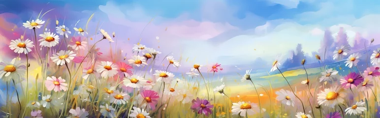 Wall murals purple Drawn cosmos flowers pink, lilac and white on meadow against blurred blue sky with clouds, spring summer landscape of flower field pastoral airy artistic image nature illustration Generative AI