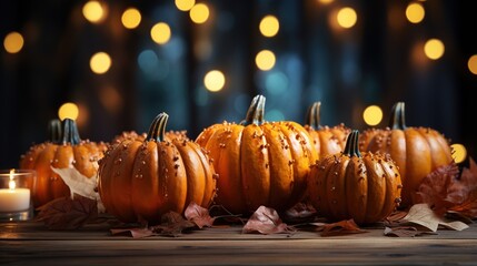 Halloween pumpkins on wooden table with defocused lights on bokeh background
