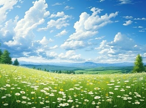 Landscape of countryside with wildflowers chamomile flowers on meadow green hills with trees against blue sky and clouds, panoramic banner illustration Generative AI