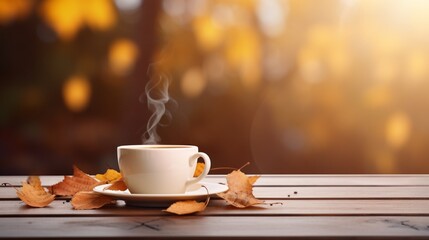 Coffee cup nestled among autumn leaves on a wooden table, with a softly blurred fall autumn background. High quality photo