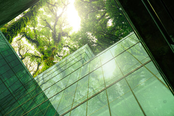 Eco-friendly building in the modern city. Sustainable glass office building with tree for reducing...