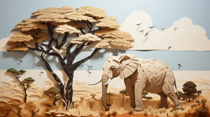 an elephant and landscape scene made from papercut art. scherenschnitte style art. Detailed and intricate artwork. 