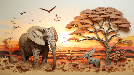 an elephant and baby elephant in a landscape scene made from papercut art. scherenschnitte style art. Detailed and intricate artwork. African sunset.