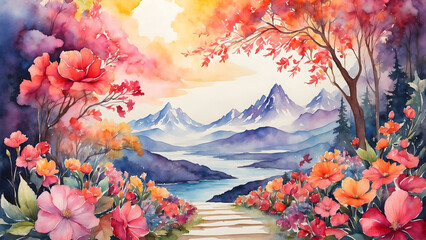 A Beautiful watercolor art of a landscape with colorful floral autumn tree in the concept of fantency  