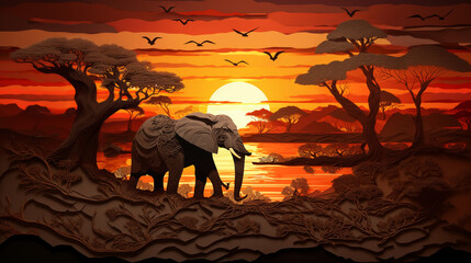 Fototapeta na wymiar an elephant walking near a body of water. A landscape scene made from papercut art. scherenschnitte style art. Detailed and intricate artwork. African sunset.