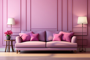Lilac room with sofa and tables with lilac wall on lilac background, Pastel Lilac, Blue Atoll, Fashion Color Trend