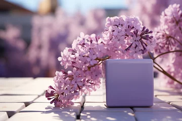 Zelfklevend Fotobehang 3D cube made of ceramic material, color Soft and powdery lavender shade Pastel Lilac, lilac background © Irina Flamingo
