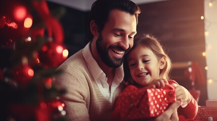 Obraz na płótnie Canvas Loving dad and daughter hug at home, sitting on couch against background Christmas tree. child are laughing happily, holding gift box in their hands, parent gives little girl gift, generative ai