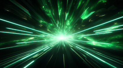 Obraz premium A green light in a tunnel. A burst of green energy. Hyperspeed travel. Warp speed. Laser light.