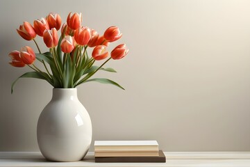 Orange color tulips in white vase and books on a wooden table in copy space. Minimalist. AI generated image. 