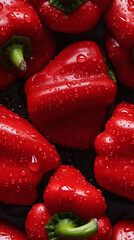 Seamless pattern of red peppers having droplets of water all over