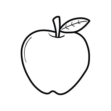 A hand-drawn doodle of an apple with a leaf on a white background.