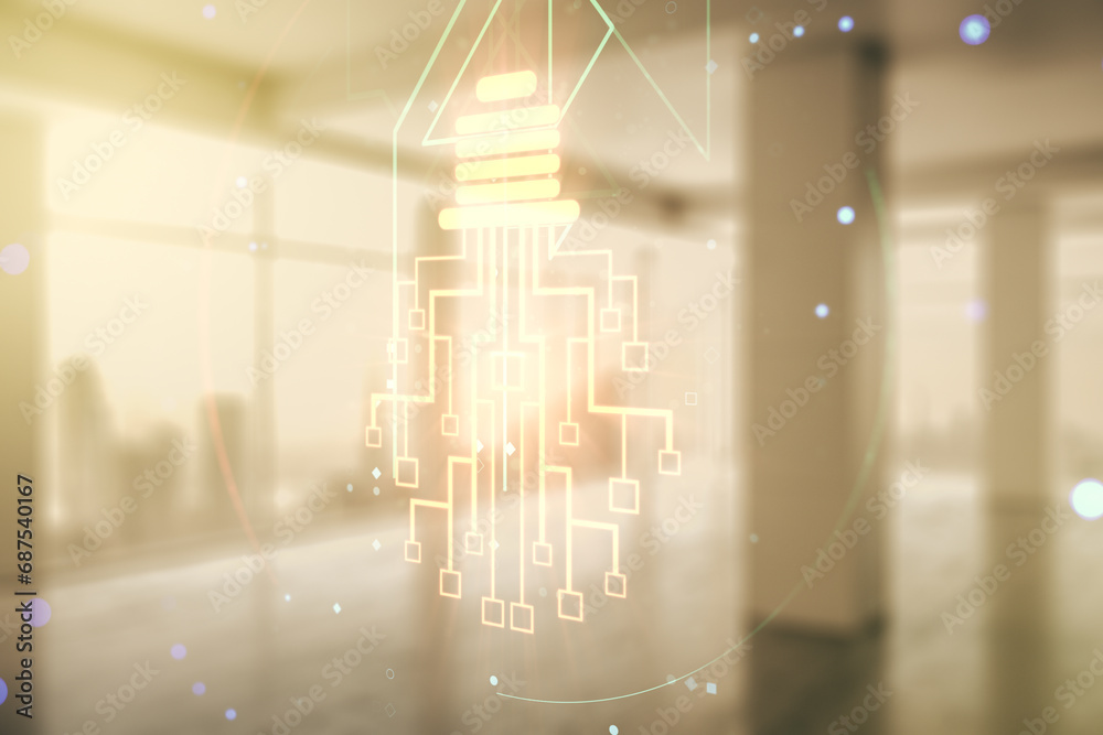 Aufkleber Virtual creative light bulb with chip hologram on empty classroom background, artificial Intelligence and neural networks concept. Multiexposure