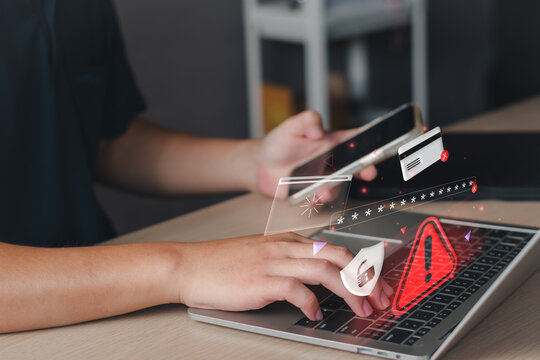 Scam alert, software warning fraud, cyber security. Hacker detection cyber attack on computer network, virus, spyware, malware, malicious software and cybercrime, online website. Protect information