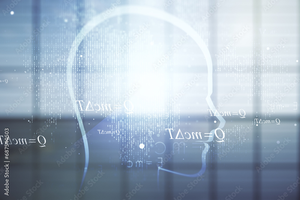 Aufkleber Abstract virtual artificial Intelligence interface with human head hologram on empty corporate office background. Multiexposure